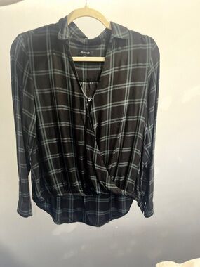 Madewell Black Plaid Wrap-Front Long-Sleeve Top with Teal Check